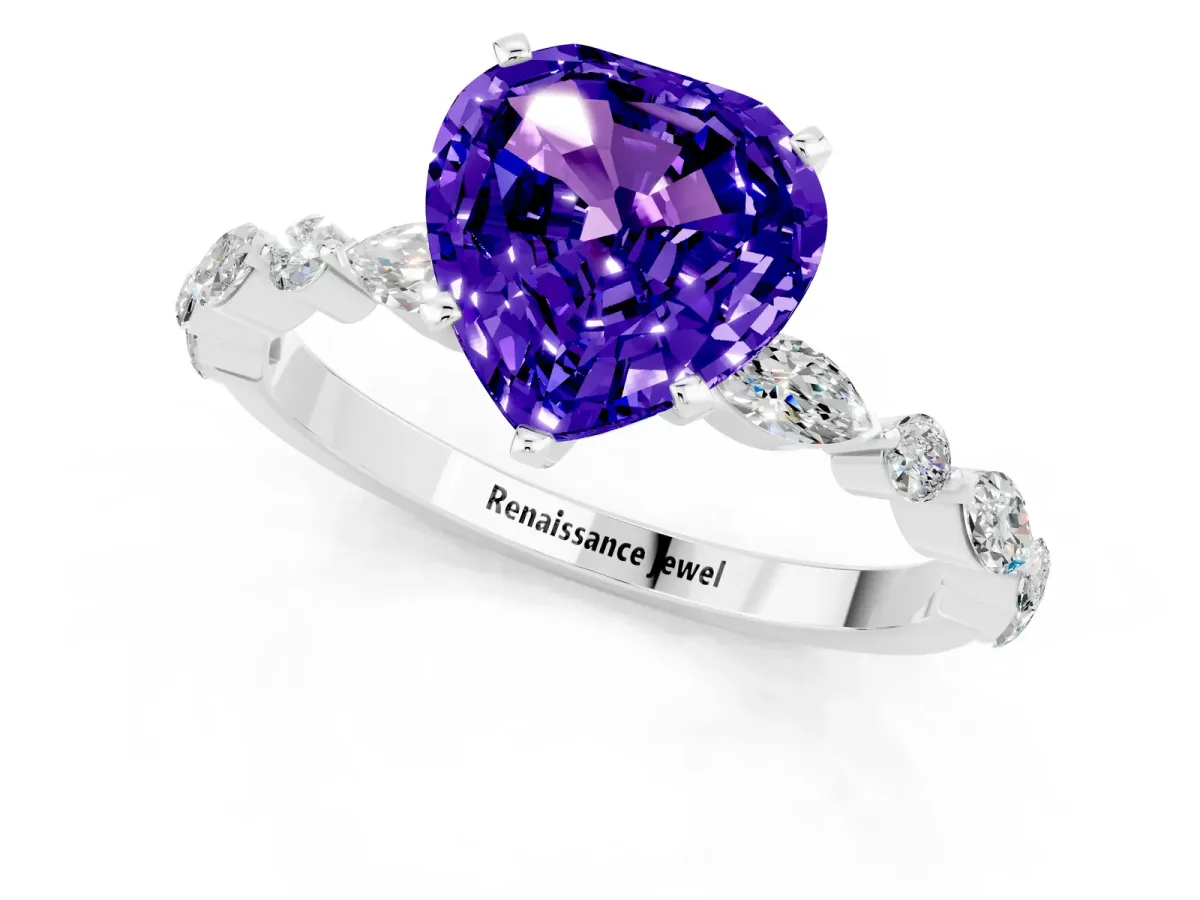 Heart Cut Tanzanite Ring with Marquise and Round Side Stones and Four-Prong Setting Silver