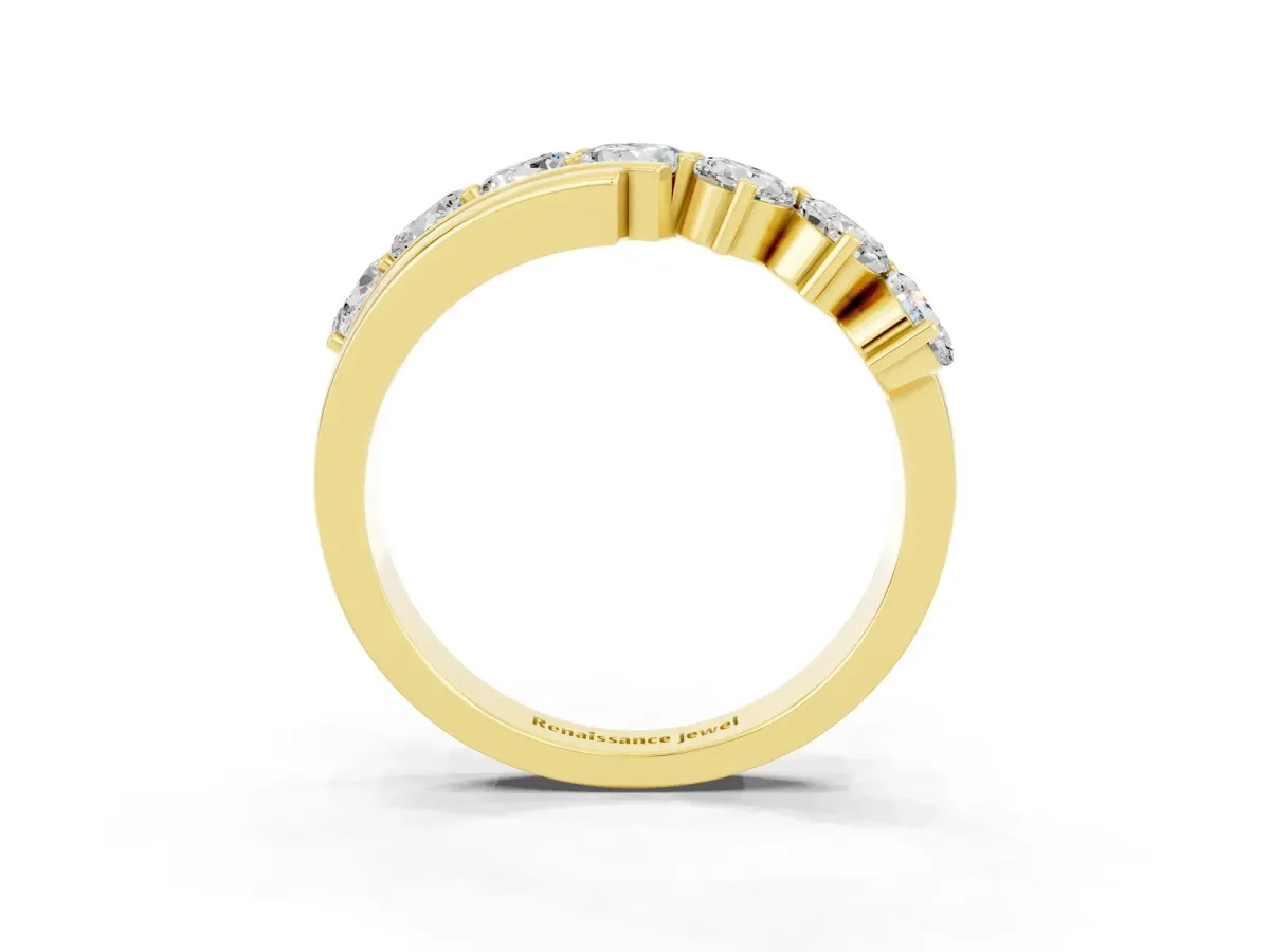 Round Moissanite Wave Band with Channel and Shared Prong Setting Yellow gold