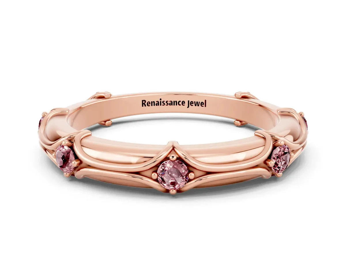 Round Morganite Prong Set Milgrain Eternity Band Rose gold