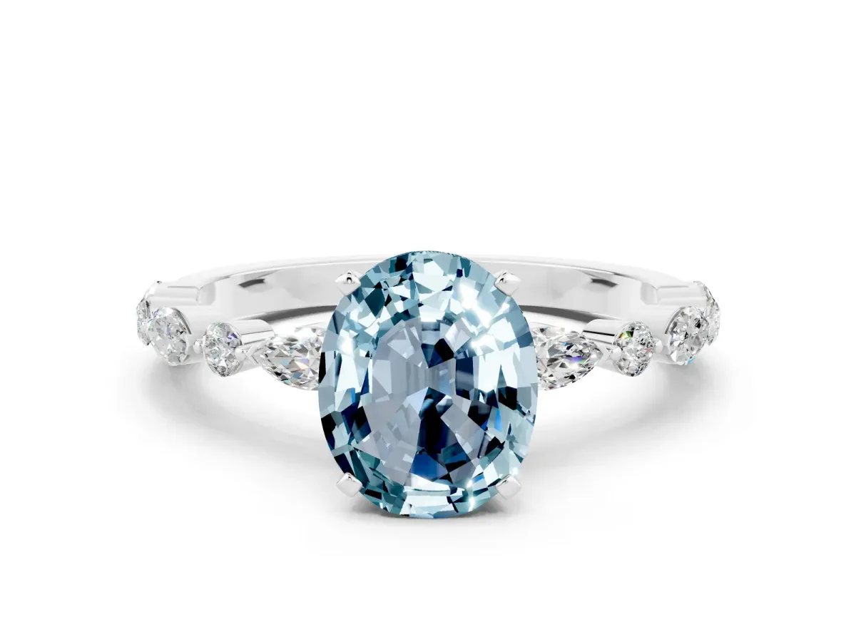 Oval Cut Aquamarine Ring with Marquise and Round Side Stones and Four-Prong Setting Silver