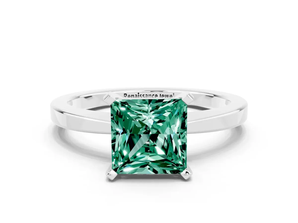 Princess Cut Green Sapphire Solitaire Engagement Ring with Classic Band and Four-Prong Setting Silver