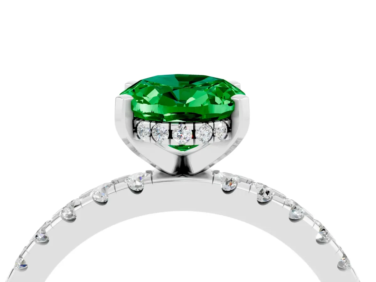 Oval Cut Emerald Solitaire Ring with Round Pavé Band and Four-Prong Setting Silver