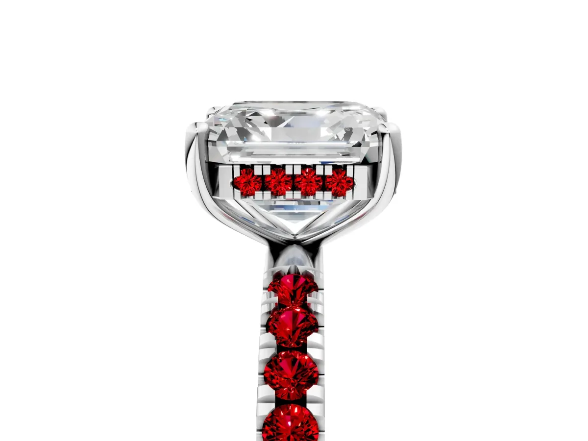 Asscher Cut Diamond Pave Band Solitaire Ring with Round Ruby and Prong Setting Platinum