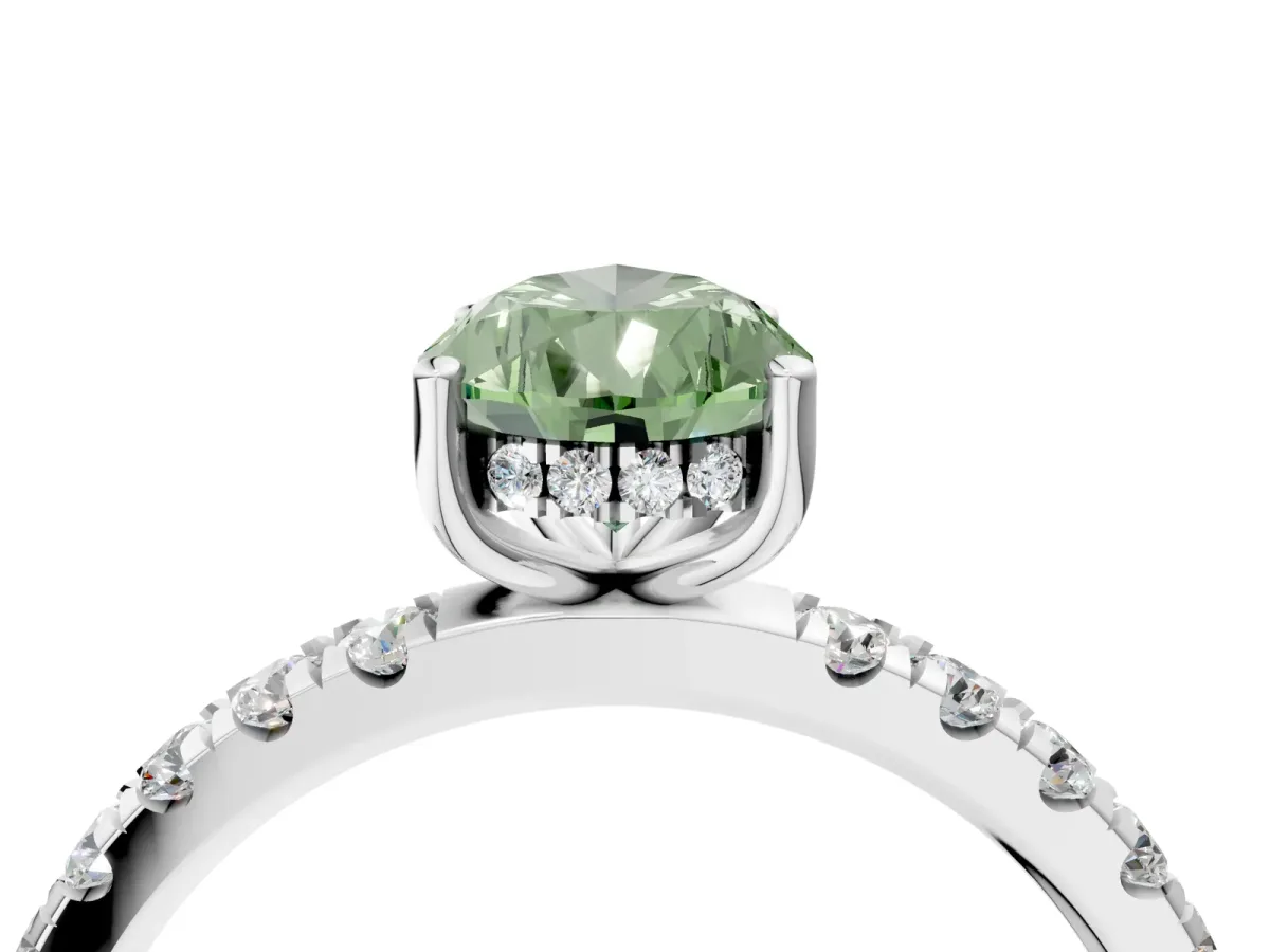 Fancy Green Pear Cut Diamond Pave Band Solitaire Ring with Round and Prong Setting White gold