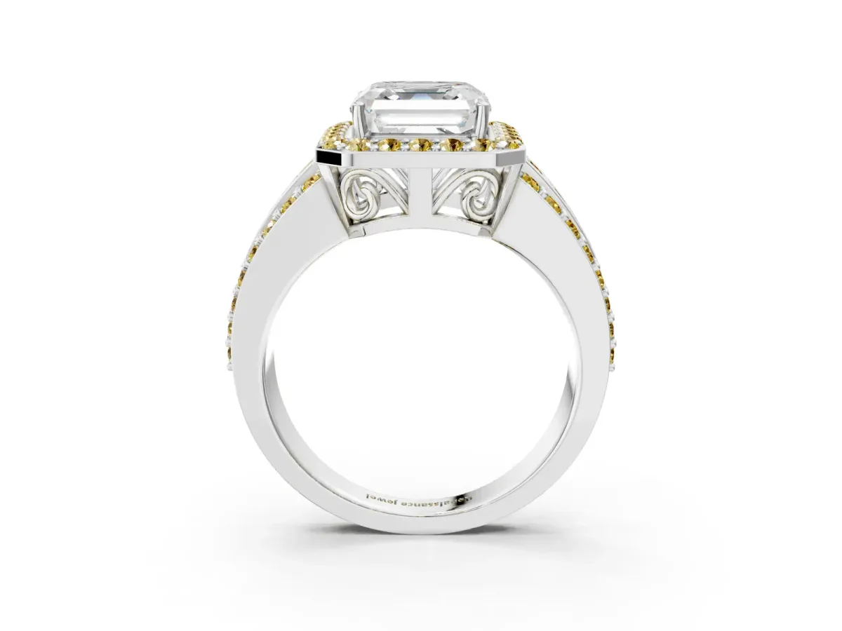 Asscher Cut Halo Diamond Ring with Round Yellow Sapphire Split Shank and Prong Setting Silver