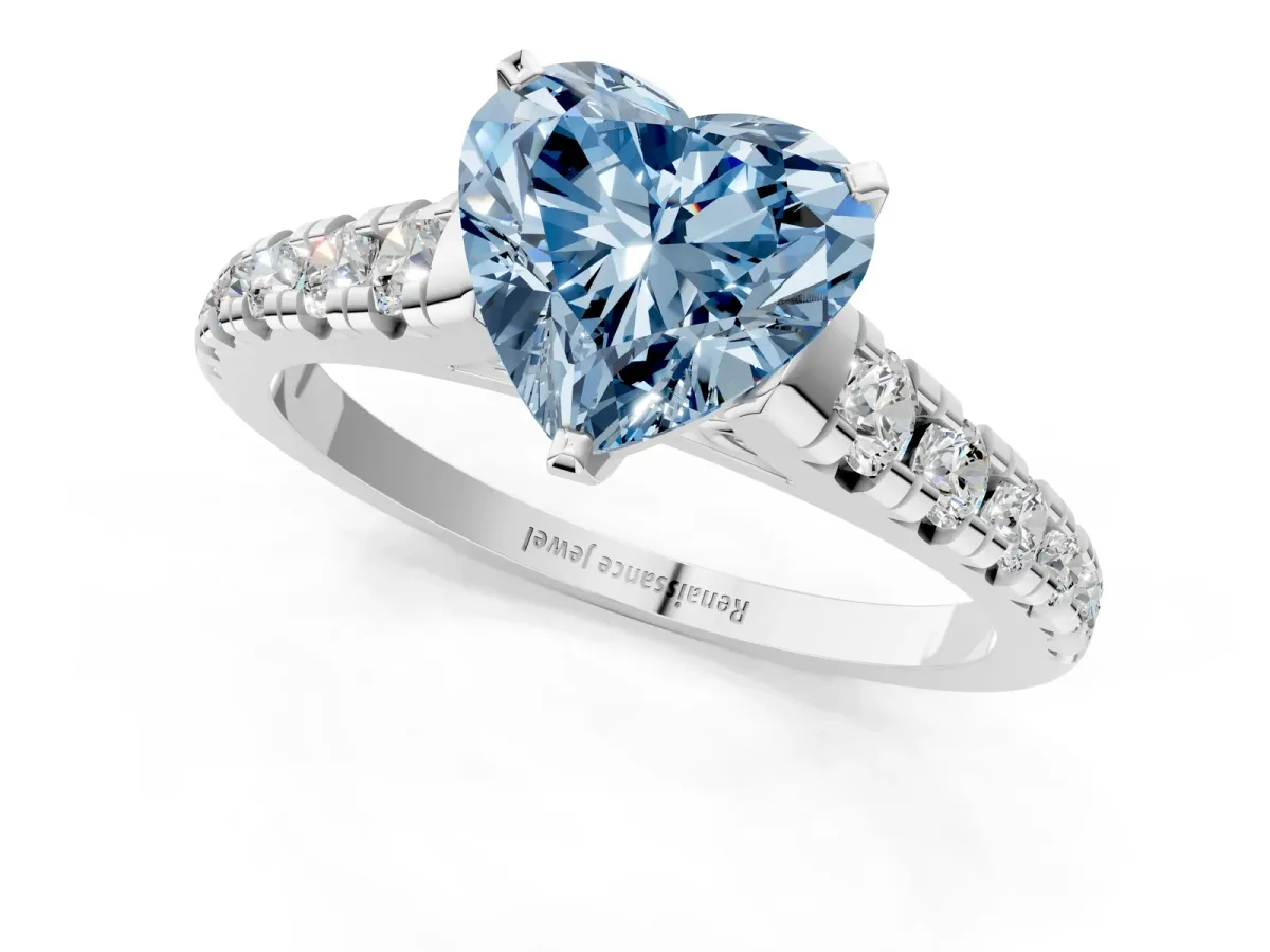 Fancy Blue Heart Cut Diamond Cathedral Solitaire Ring with Round Pavé Band White gold