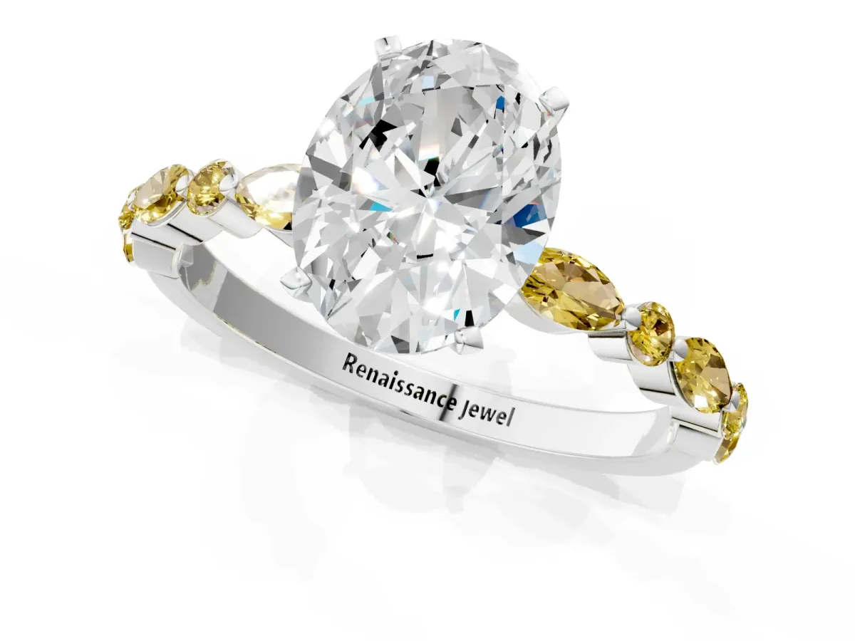 Oval Cut Diamond Ring with Marquise and Round Yellow Sapphire Side Stones and Four-Prong Setting Silver