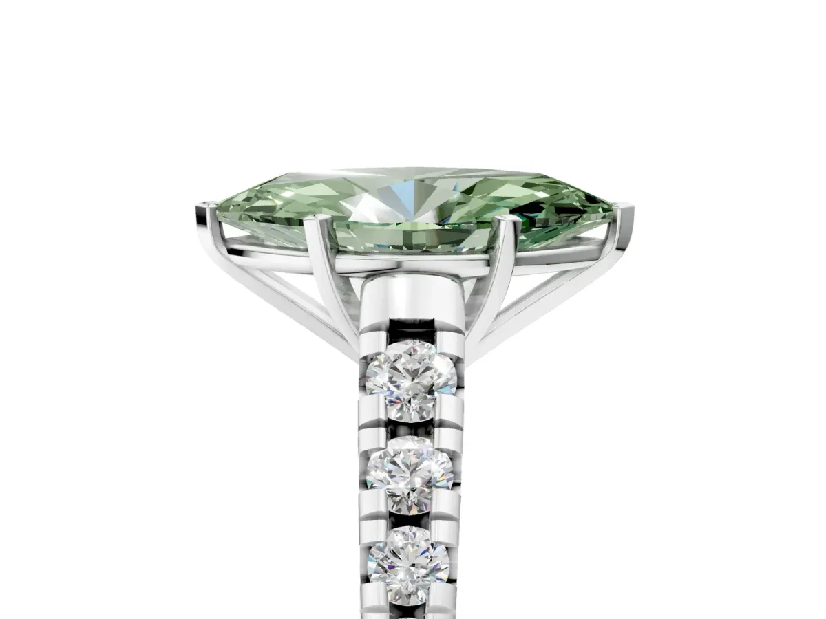 Fancy Green Marquise Cut Diamond Cathedral Solitaire Ring with Round Pavé Band Platinum