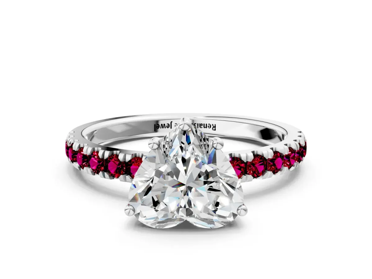 Heart Cut Diamond Pave Band Solitaire Ring with Round Garnet and Prong Setting Silver