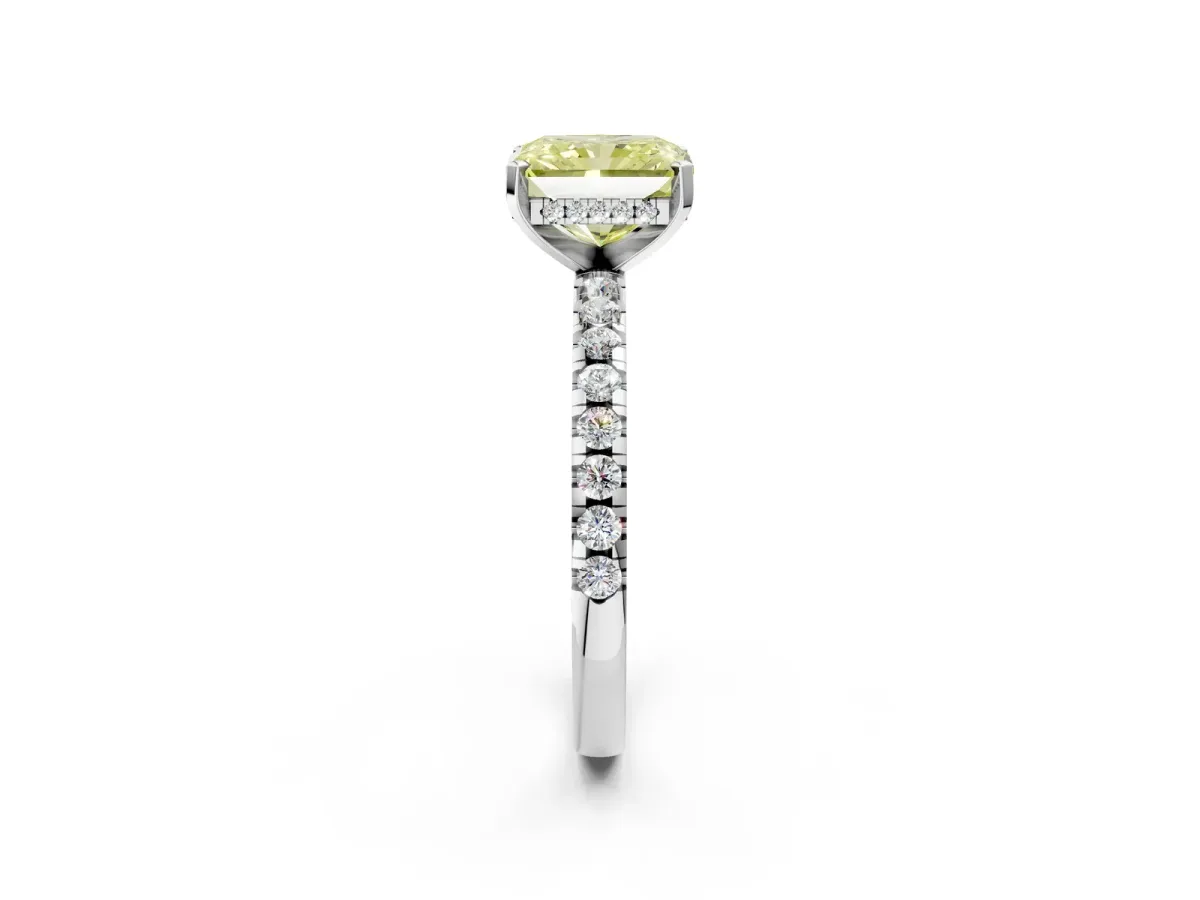 Fancy Yellow Radiant Cut Diamond Solitaire Ring with Round Pavé Band and Four-Prong Setting Silver