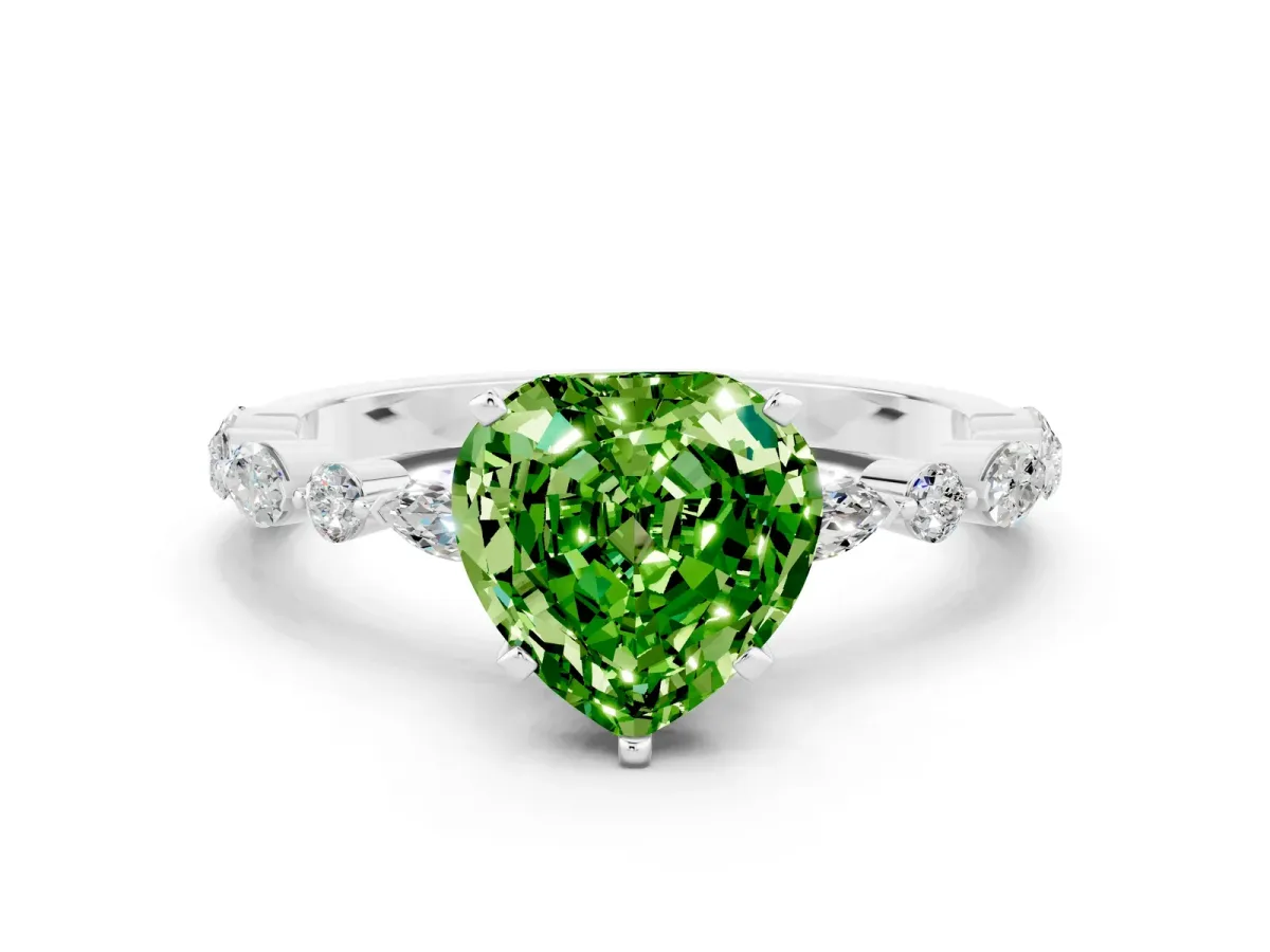 Heart Cut Peridot Ring with Marquise and Round Side Stones and Four-Prong Setting Silver