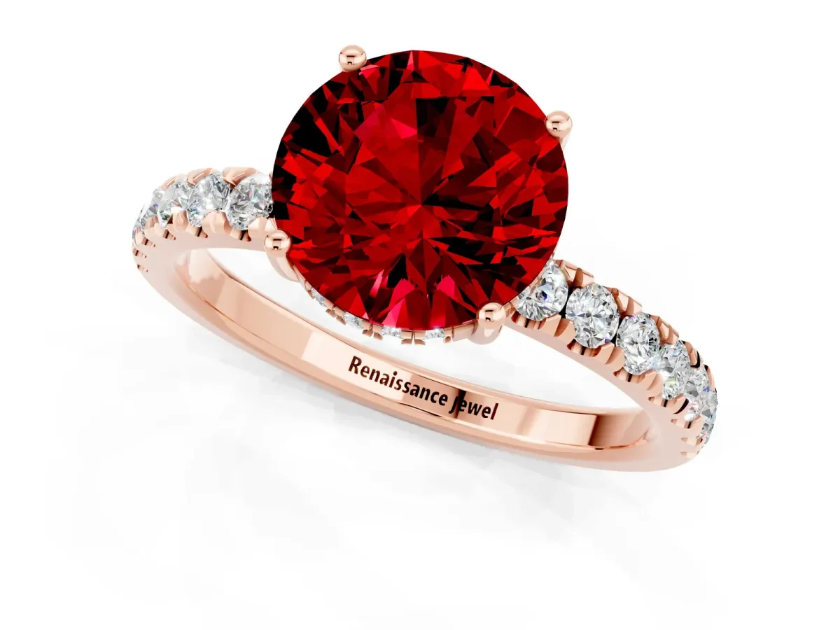 Round Cut Ruby Pave Band Solitaire Ring with Round and Prong Setting Rose gold