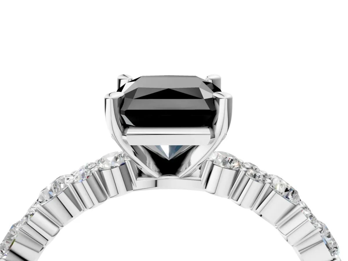Fancy Black Radiant Cut Diamond Side Stone Solitaire Ring with Round and Four-Prong Setting Platinum