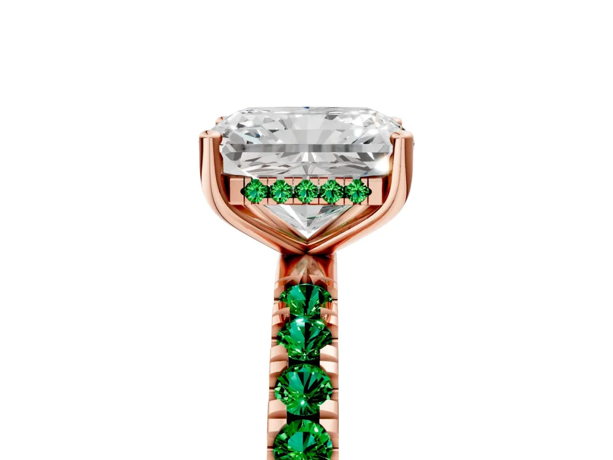 Radiant Cut Diamond Pave Band Solitaire Ring with Round Emerald and Prong Setting Rose gold