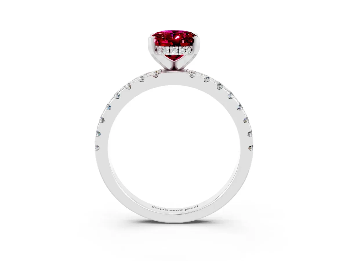Oval Cut Garnet Solitaire Ring with Round Pavé Band and Four-Prong Setting White gold