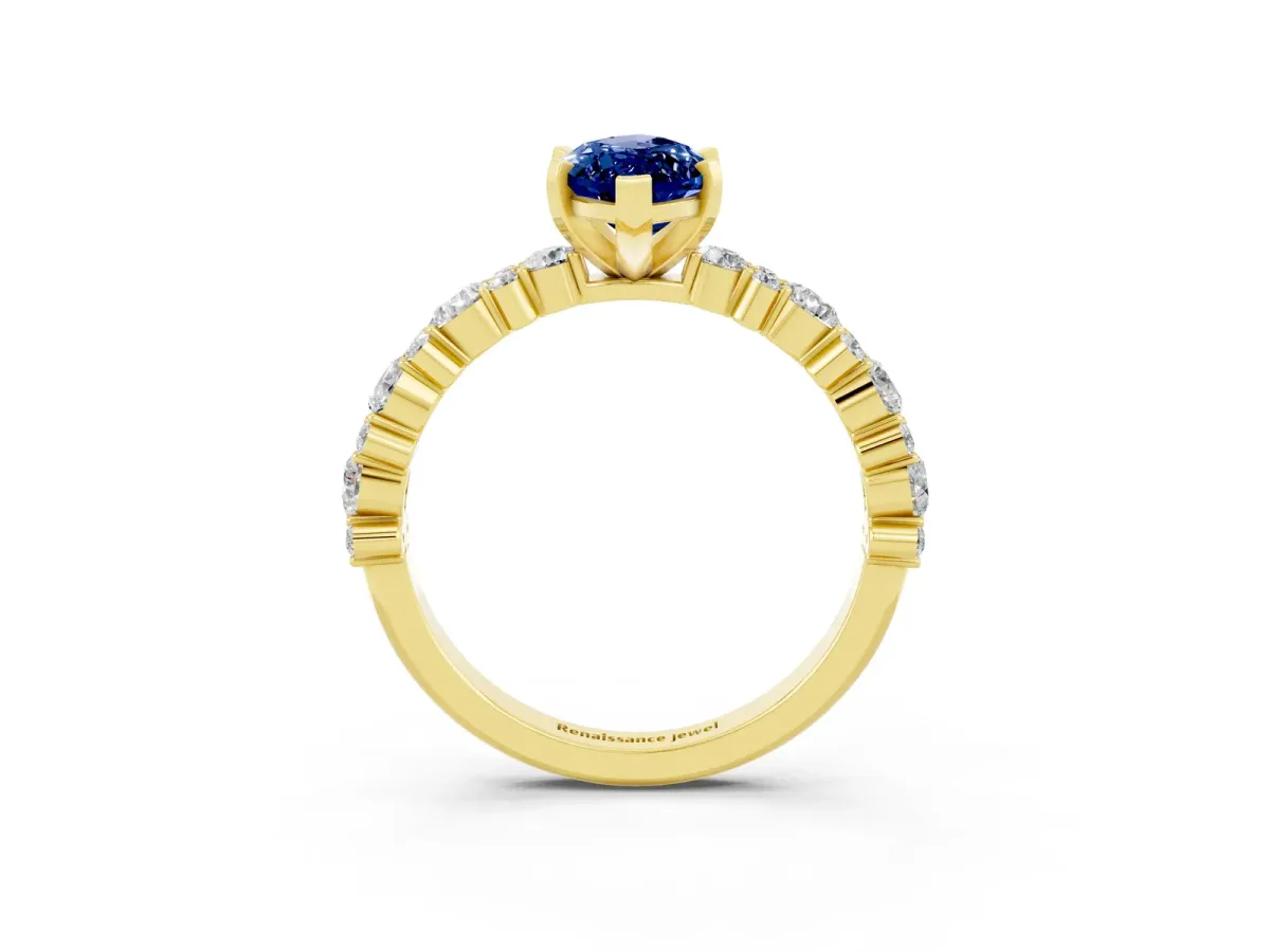 Marquise Cut Blue Sapphire Side Stone Solitaire Ring with Round and Four-Prong Setting Yellow gold