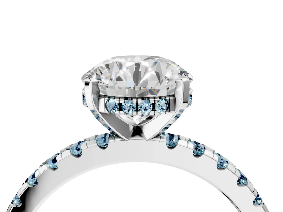 Round Cut Diamond Solitaire Ring with Round Aquamarine Pavé Band and Four-Prong Setting Silver