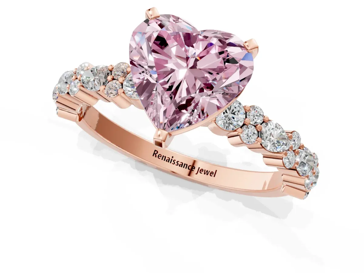 Fancy Pink Heart Cut Diamond Side Stone Solitaire Ring with Round and Four-Prong Setting Rose gold