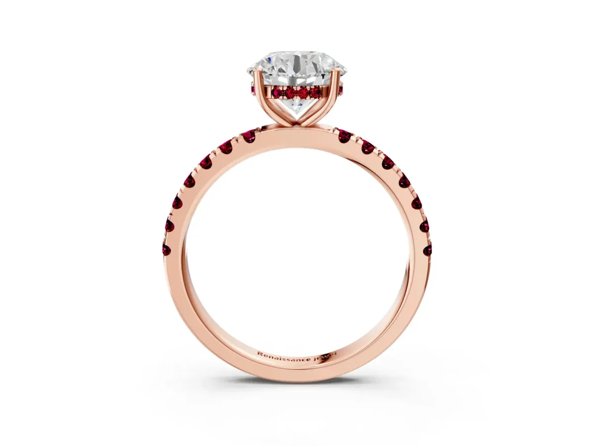 Round Cut Diamond Pave Band Solitaire Ring with Round Garnet and Prong Setting Rose gold