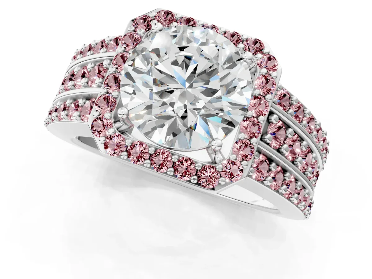 Round Cut Halo Diamond Ring with Round Morganite Split Shank and Prong Setting White gold