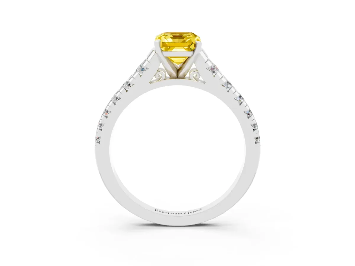 Emerald Cut Yellow Sapphire Cathedral Solitaire Ring with Round Pavé Band White gold