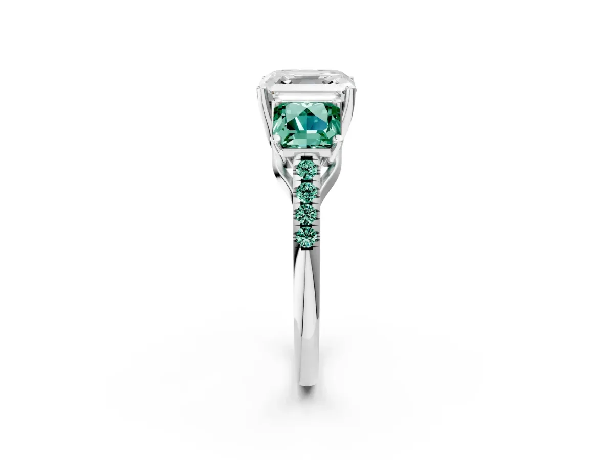 Three-Stone Asscher Cut Diamond Ring with Round Green Sapphire Pavé Band and Prong Setting Silver