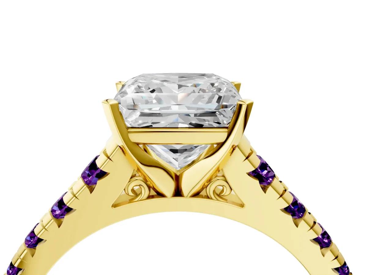 Princess Cut Diamond Cathedral Solitaire Ring with Round Amethyst Pavé Band Yellow gold