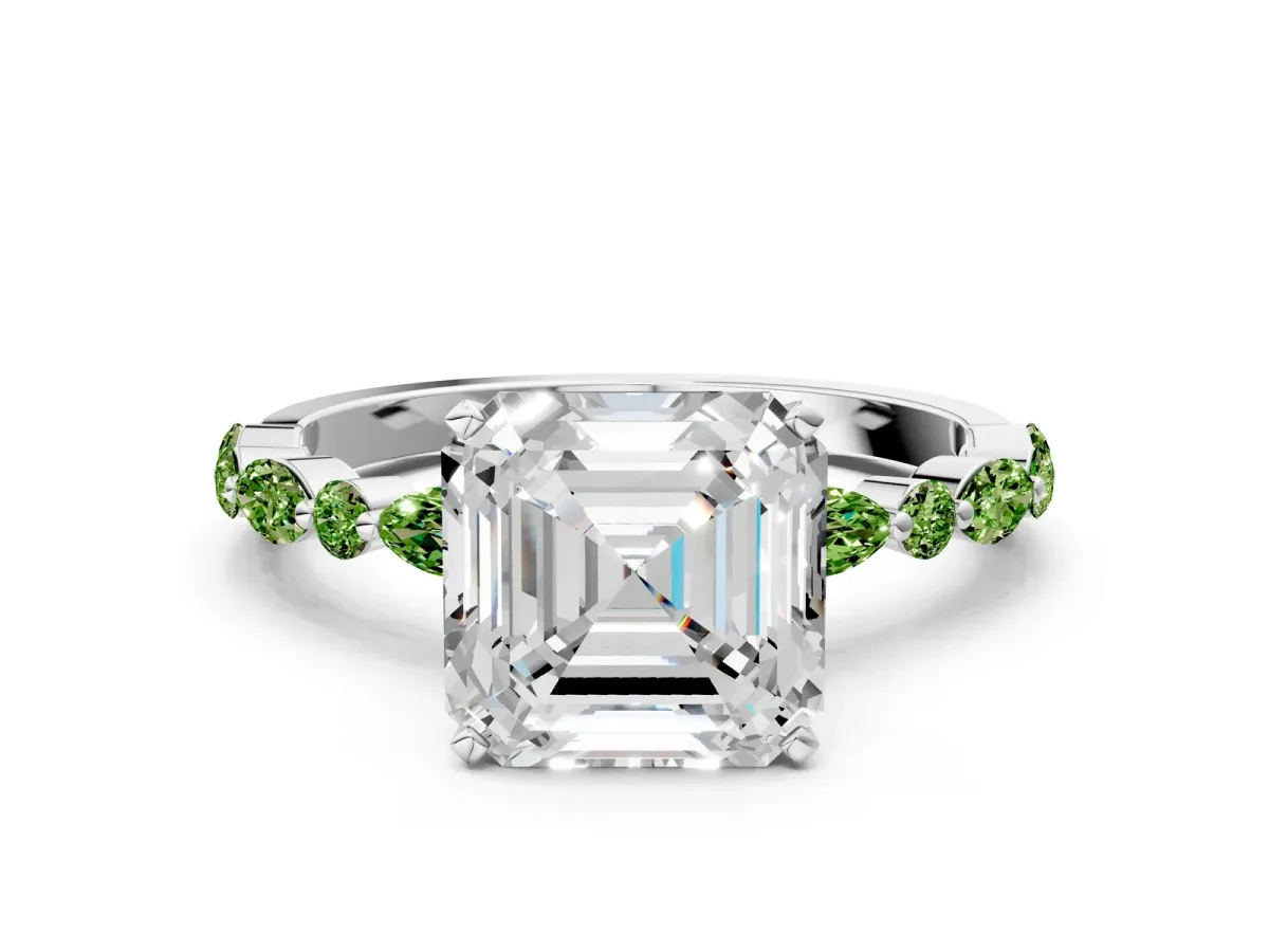 Asscher Cut Diamond Ring with Marquise and Round Peridot Side Stones and Four-Prong Setting Platinum