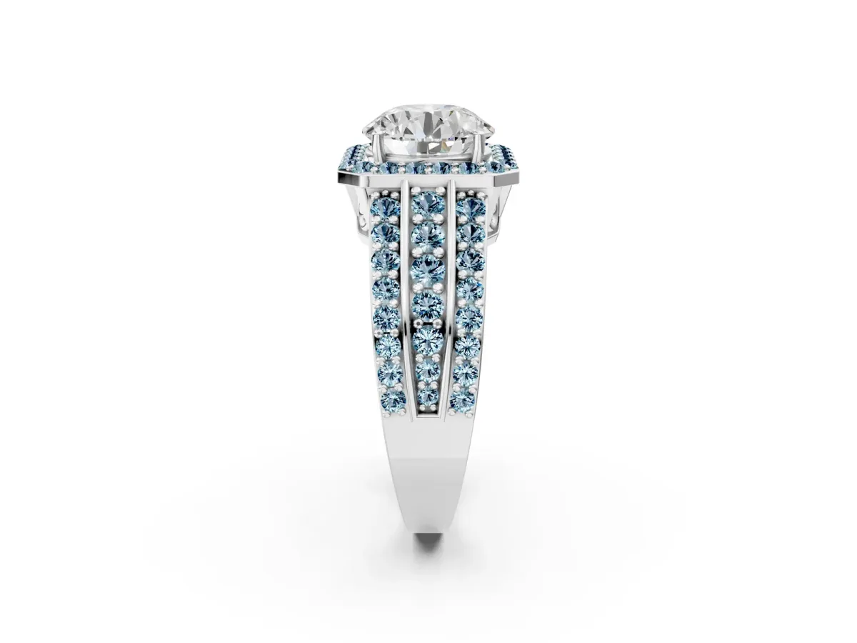 Round Cut Halo Diamond Ring with Round Aquamarine Split Shank and Prong Setting White gold