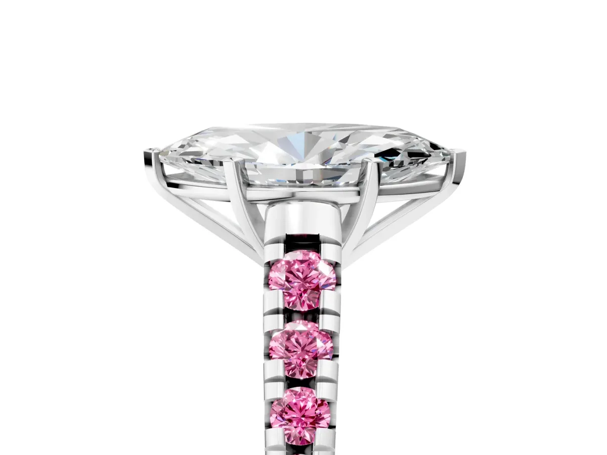 Marquise Cut Diamond Cathedral Solitaire Ring with Round Pink Sapphire Pavé Band Silver