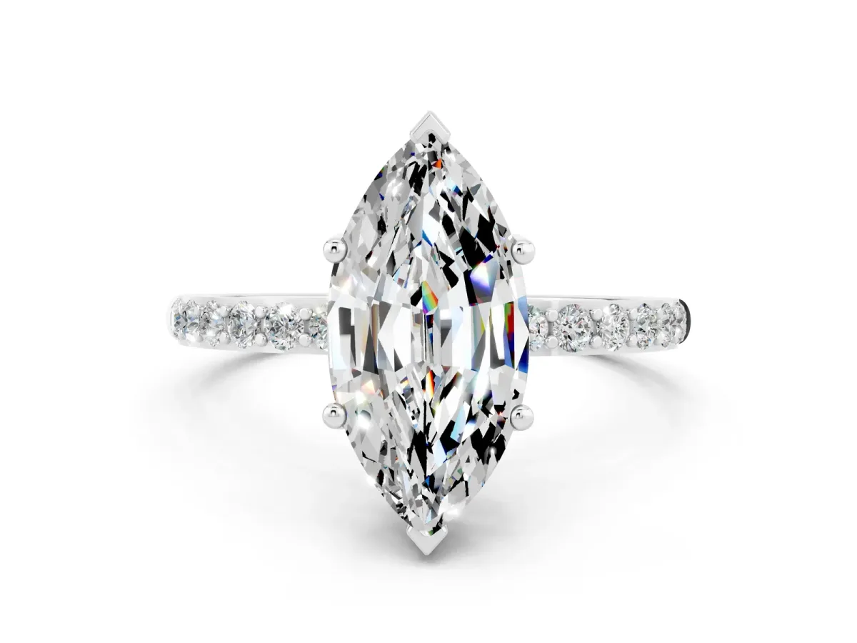 Marquise Cut Moissanite Solitaire Ring with Round Pavé Band and Prong Setting Silver