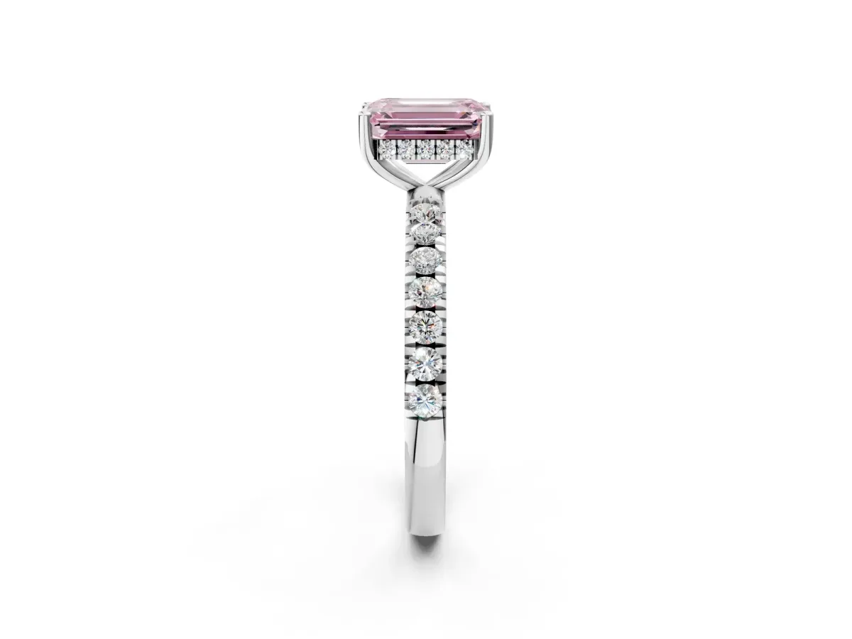 Fancy Pink Emerald Cut Diamond Pave Band Solitaire Ring with Round and Prong Setting Silver