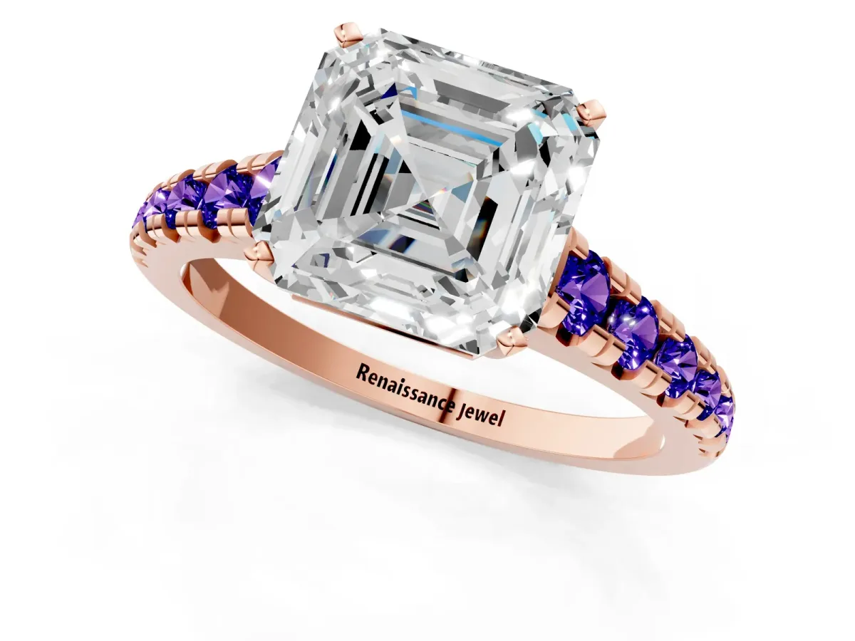 Asscher Cut Diamond Cathedral Solitaire Ring with Round Tanzanite Pavé Band Rose gold