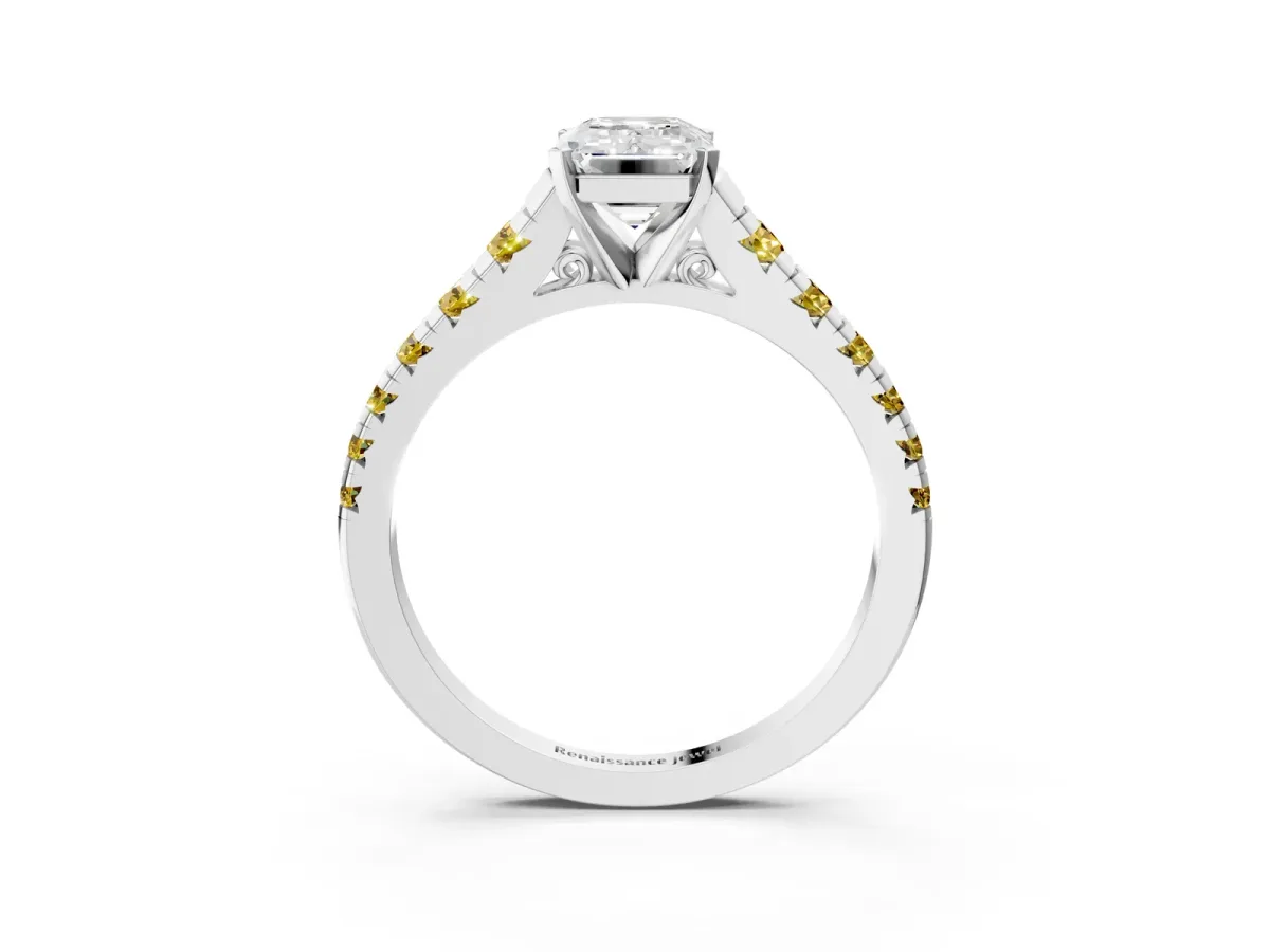 Emerald Cut Diamond Cathedral Solitaire Ring with Round Yellow Sapphire Pavé Band Silver