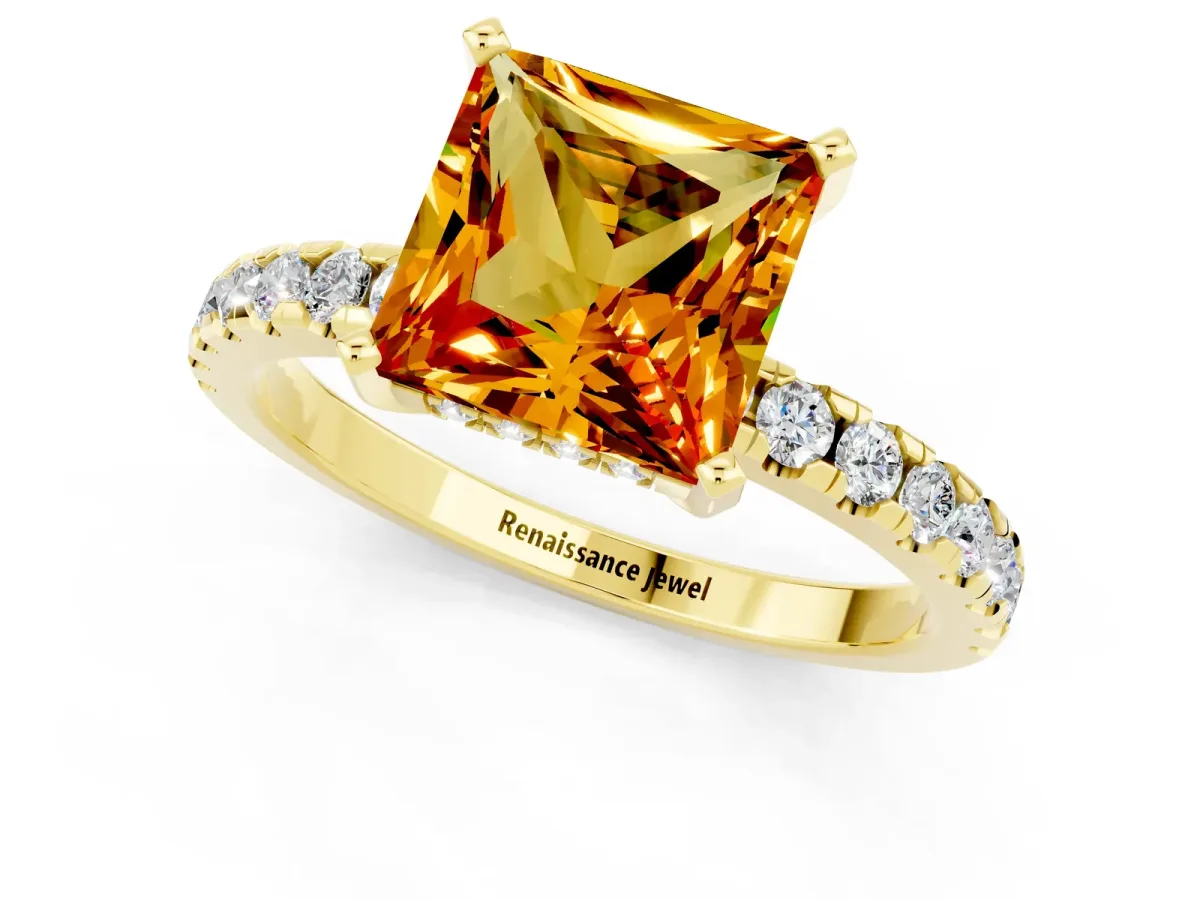 Princess Cut Citrine Solitaire Ring with Round Pavé Band and Four-Prong Setting Yellow gold