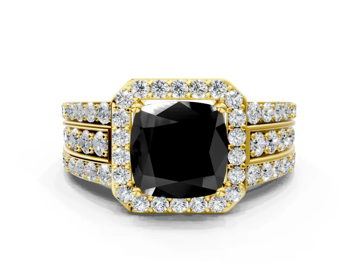 Fancy Black Cushion Cut Halo Diamond Ring with Round Split Shank and Prong Setting Yellow gold