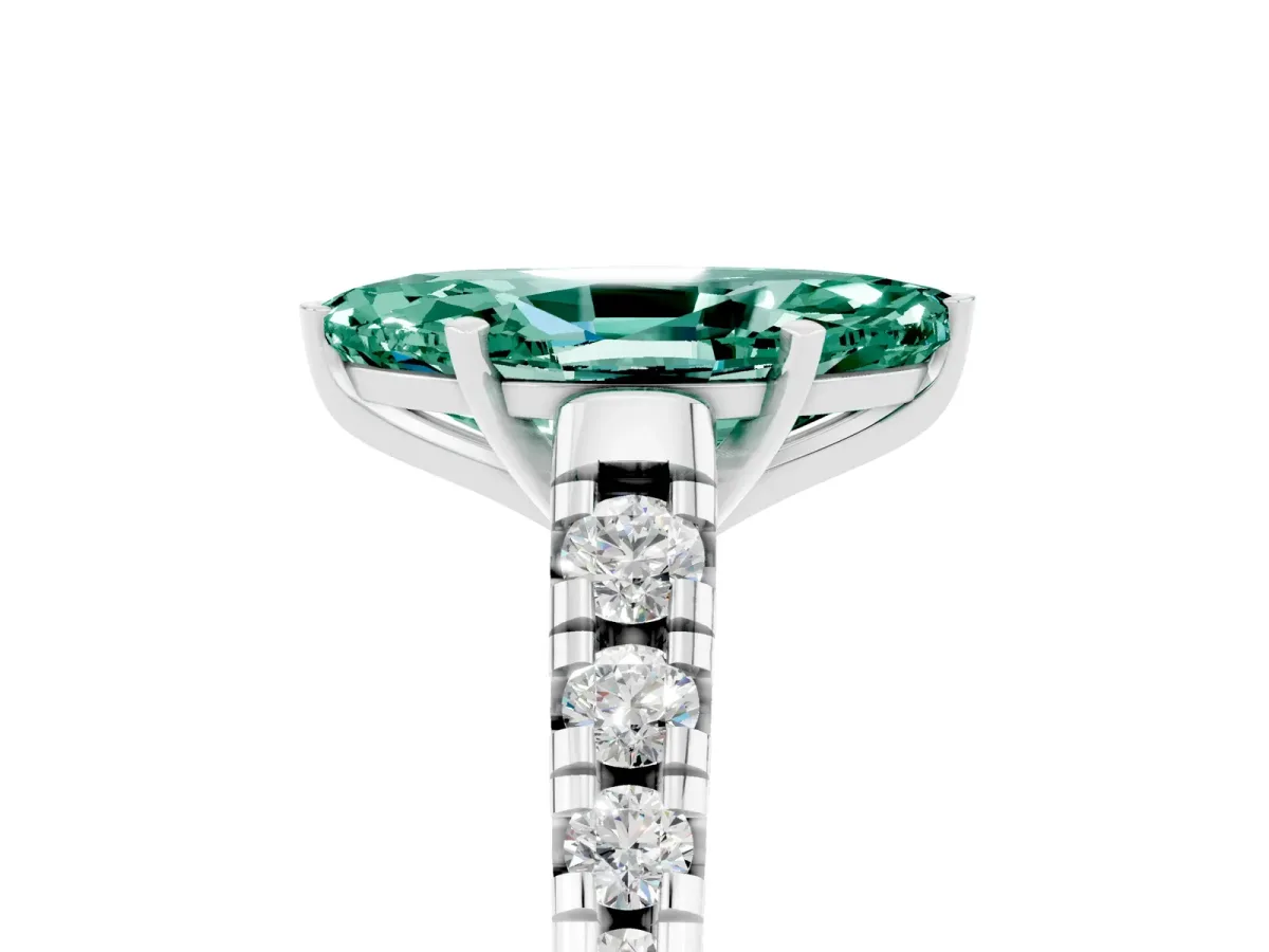Marquise Cut Green Sapphire Cathedral Solitaire Ring with Round Pavé Band Silver