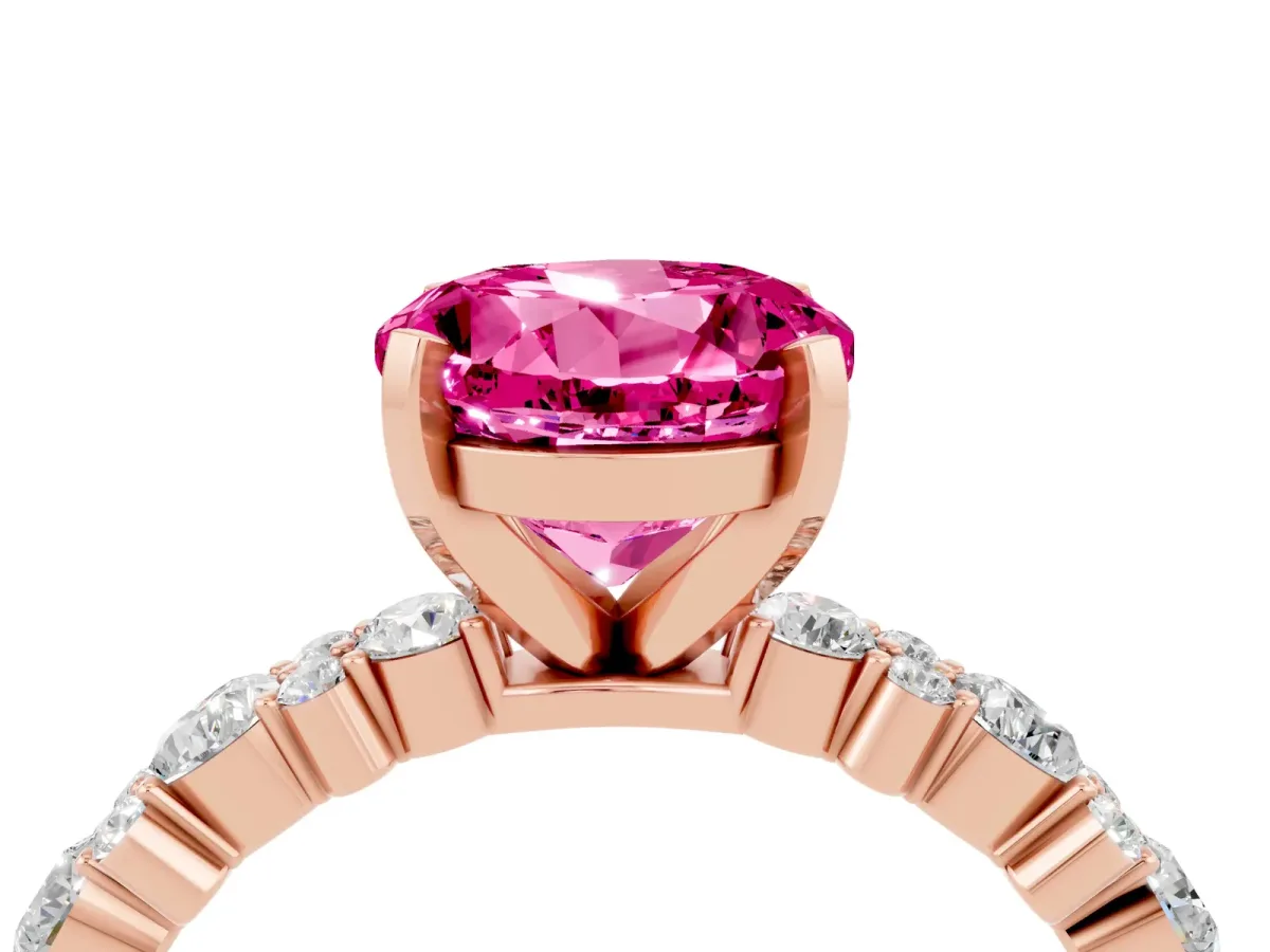 Round Cut Pink Sapphire Side Stone Solitaire Ring with Round and Four-Prong Setting Rose gold