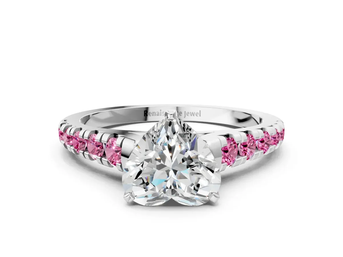 Heart Cut Diamond Cathedral Solitaire Ring with Round Pink Sapphire Pavé Band Silver