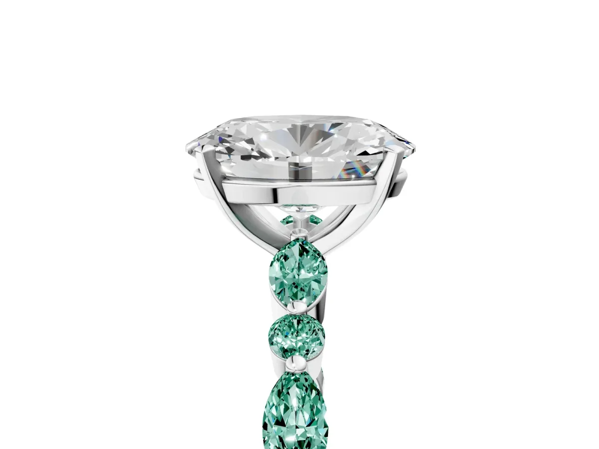 Oval Cut Diamond Ring with Marquise and Round Green Sapphire Side Stones and Four-Prong Setting Silver