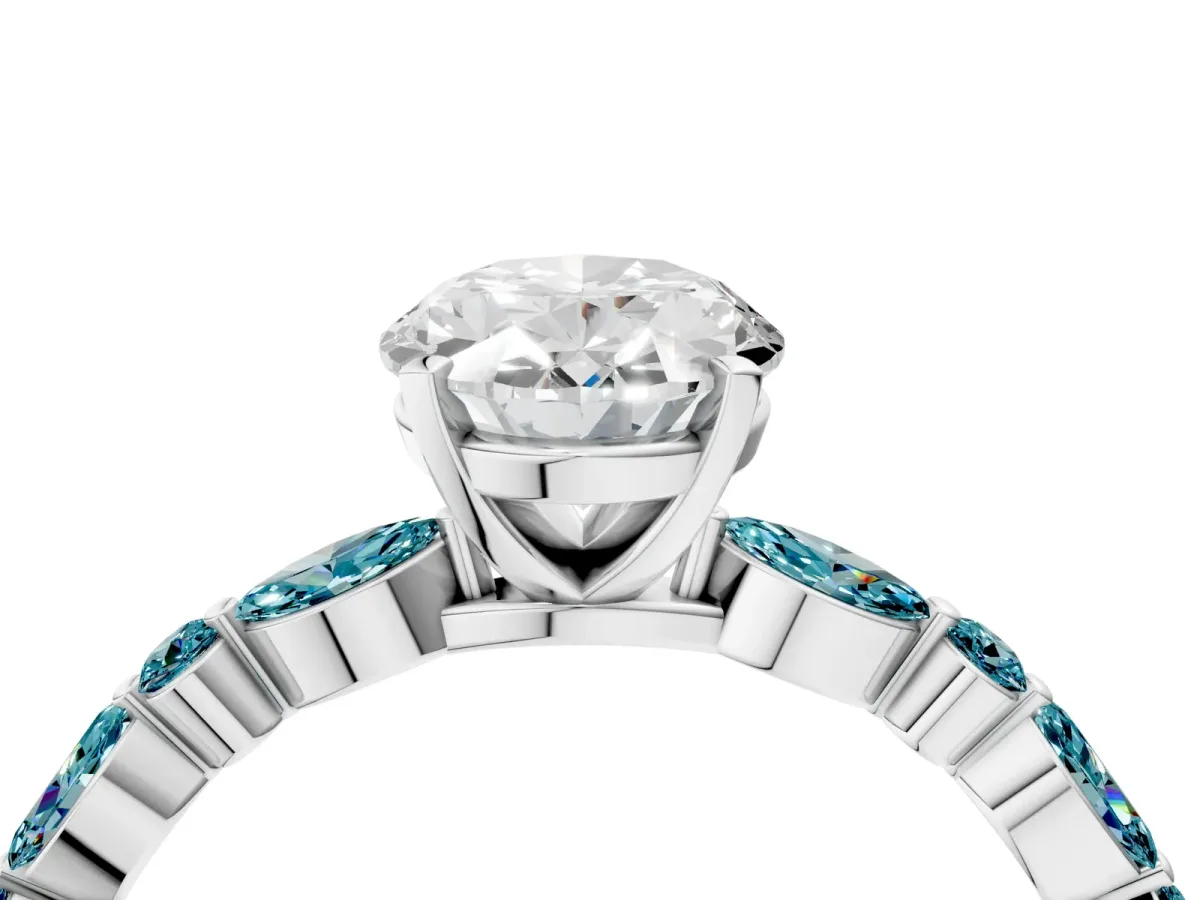 Oval Cut Diamond Ring with Marquise and Round Blue Topaz Side Stones and Four-Prong Setting Silver