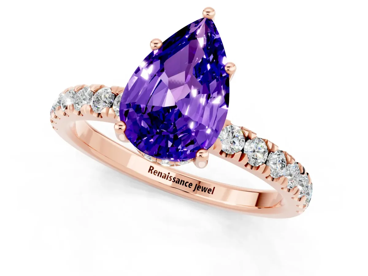 Pear Cut Tanzanite Pave Band Solitaire Ring with Round and Prong Setting Rose gold