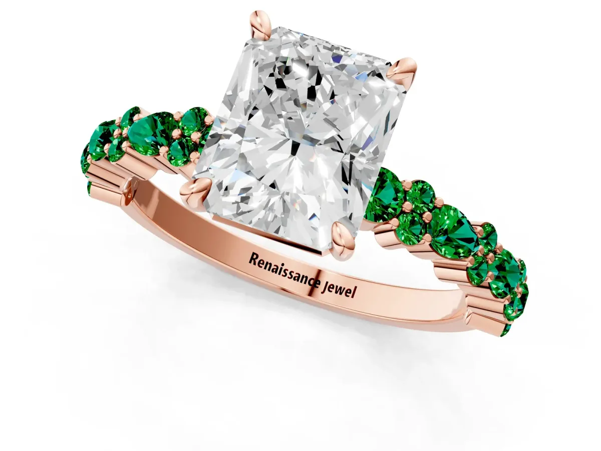 Radiant Cut Diamond Side Stone Solitaire Ring with Round Emerald and Four-Prong Setting Rose gold