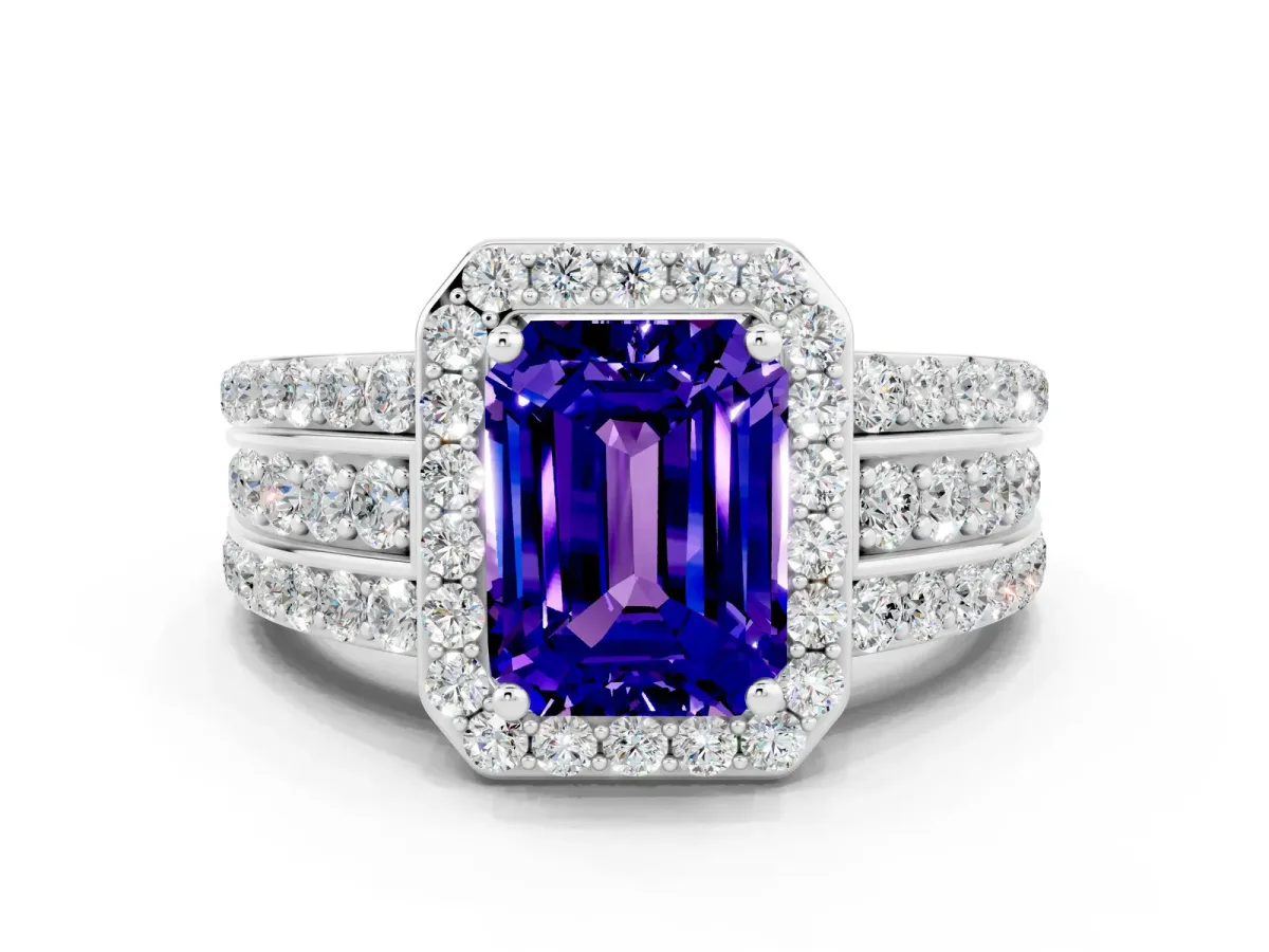 Emerald Cut Halo Tanzanite Ring with Round Split Shank and Prong Setting Silver