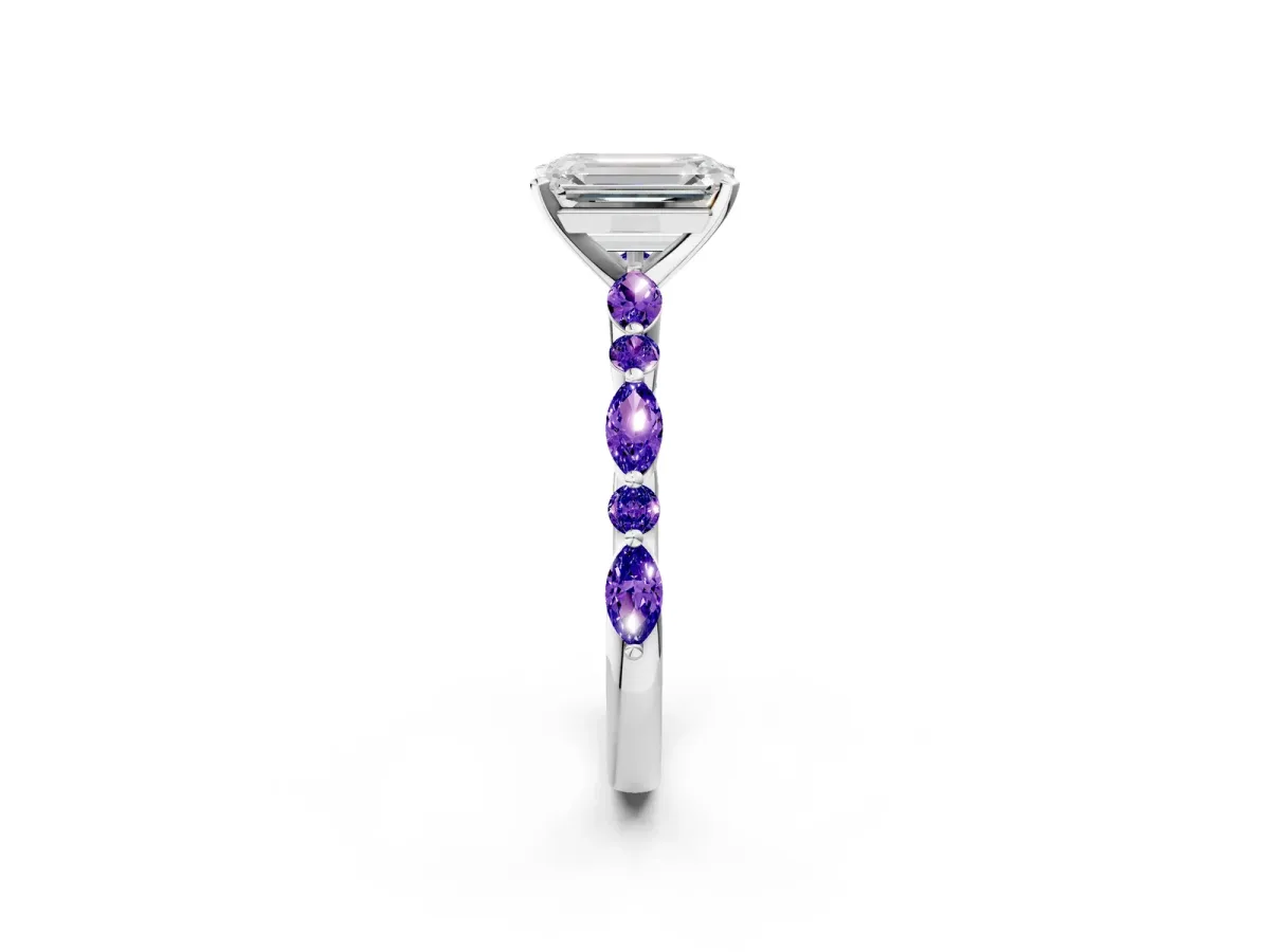 Emerald Cut Diamond Ring with Marquise and Round Tanzanite Side Stones and Four-Prong Setting Silver