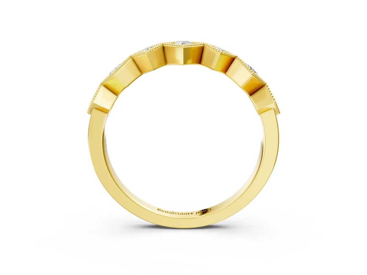 Milgrain Square Bezel Round Diamond Chevron Band Yellow gold