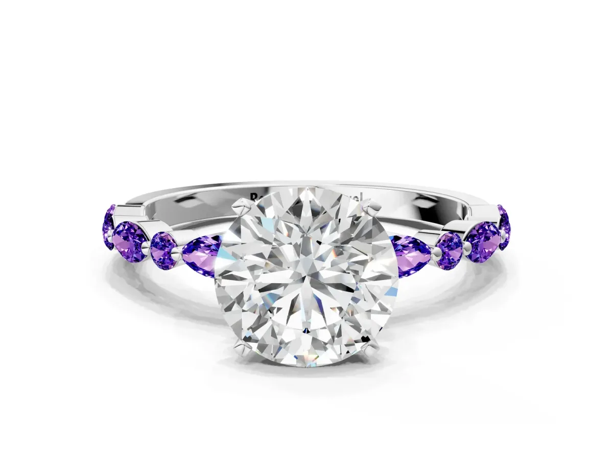 Round Cut Diamond Ring with Marquise and Round Tanzanite Side Stones and Four-Prong Setting Silver