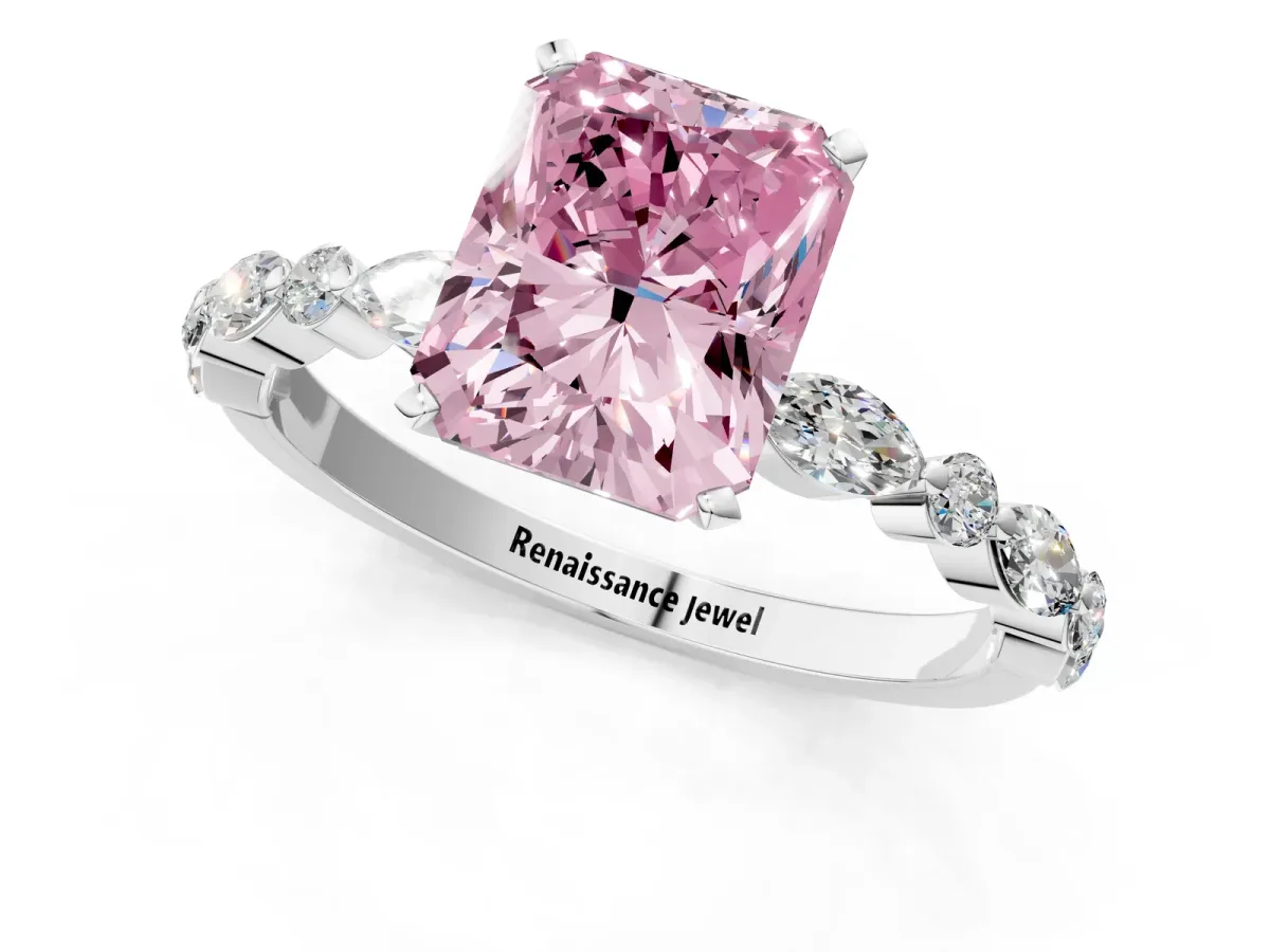 Fancy Pink Radiant Cut Diamond Ring with Marquise and Round Side Stones and Four-Prong Setting Silver
