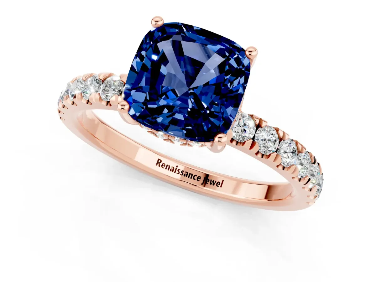 Cushion Cut Blue Sapphire Pave Band Solitaire Ring with Round and Prong Setting Rose gold