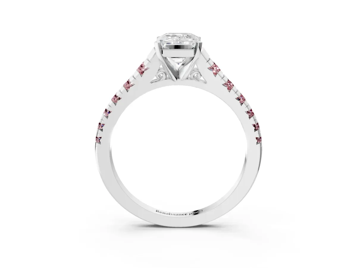 Emerald Cut Diamond Cathedral Solitaire Ring with Round Morganite Pavé Band Platinum